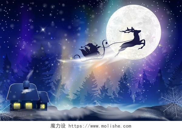 平安夜圣诞房子驯鹿圣诞老人圣诞节海报背景